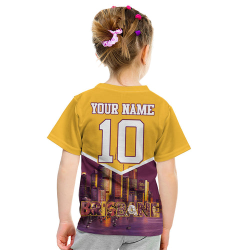 Personalised Brisbane City Rugby Kid T Shirt Muscular Horse Mascot Skyline Graphic