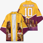 Personalised Brisbane City Rugby Kimono Muscular Horse Mascot Skyline Graphic