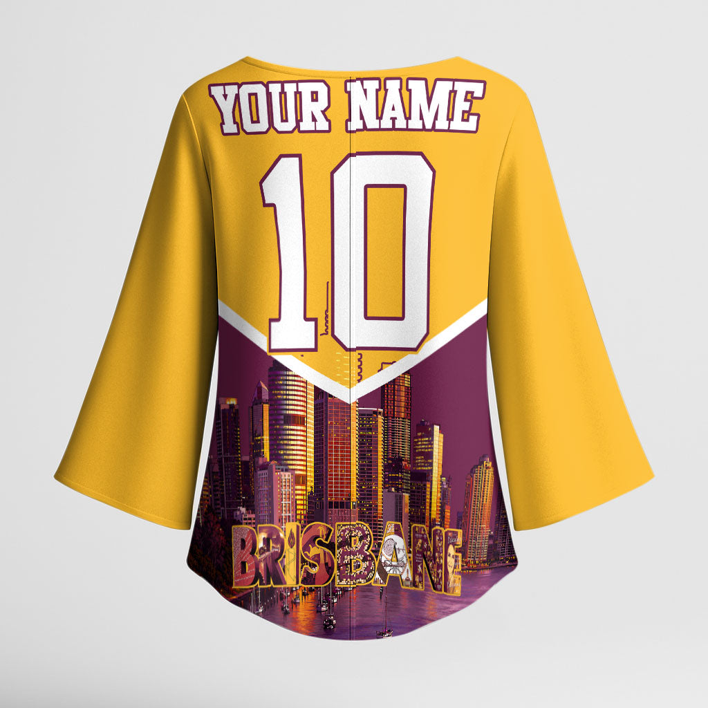 Personalised Brisbane City Rugby Kimono Sleeve Blouse Muscular Horse Mascot Skyline Graphic