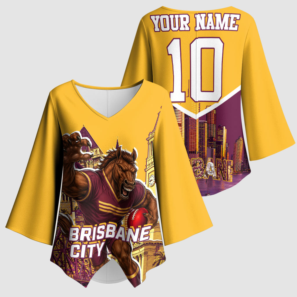 Personalised Brisbane City Rugby Kimono Sleeve Blouse Muscular Horse Mascot Skyline Graphic