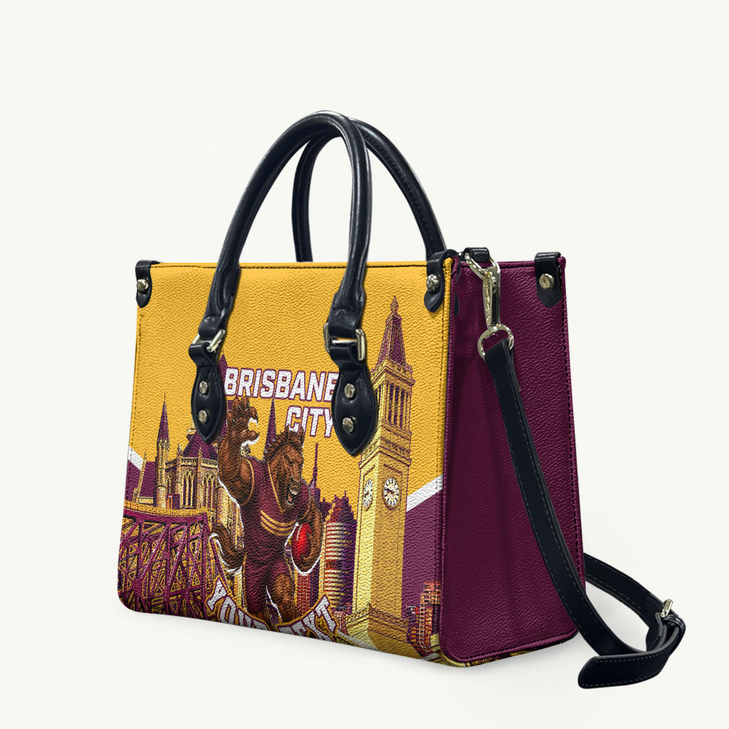 Personalised Brisbane City Rugby Leather Bag Muscular Horse Mascot Skyline Graphic
