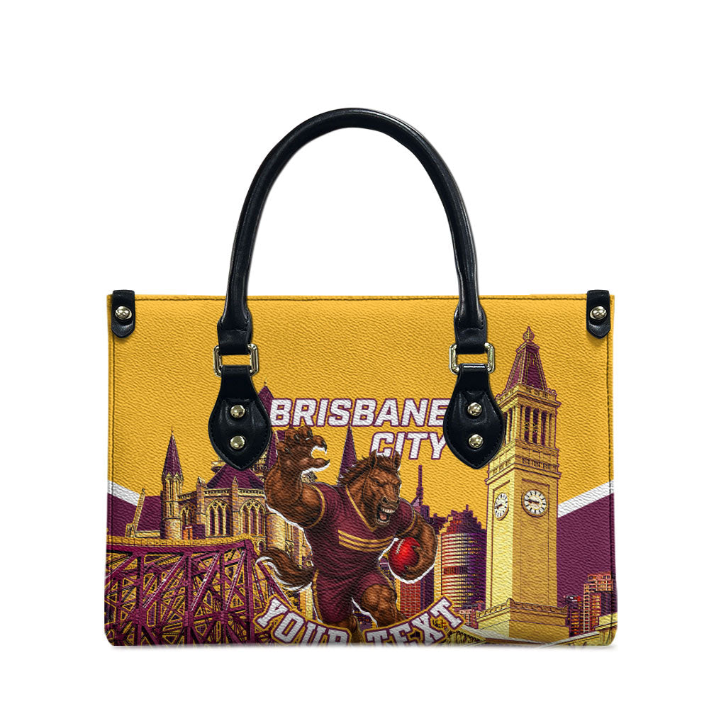 Personalised Brisbane City Rugby Leather Bag Muscular Horse Mascot Skyline Graphic