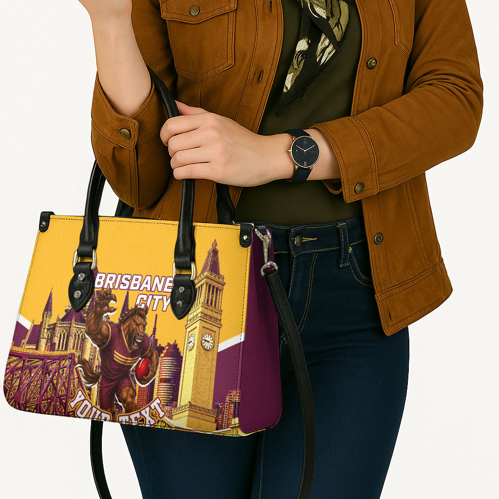 Personalised Brisbane City Rugby Leather Bag Muscular Horse Mascot Skyline Graphic