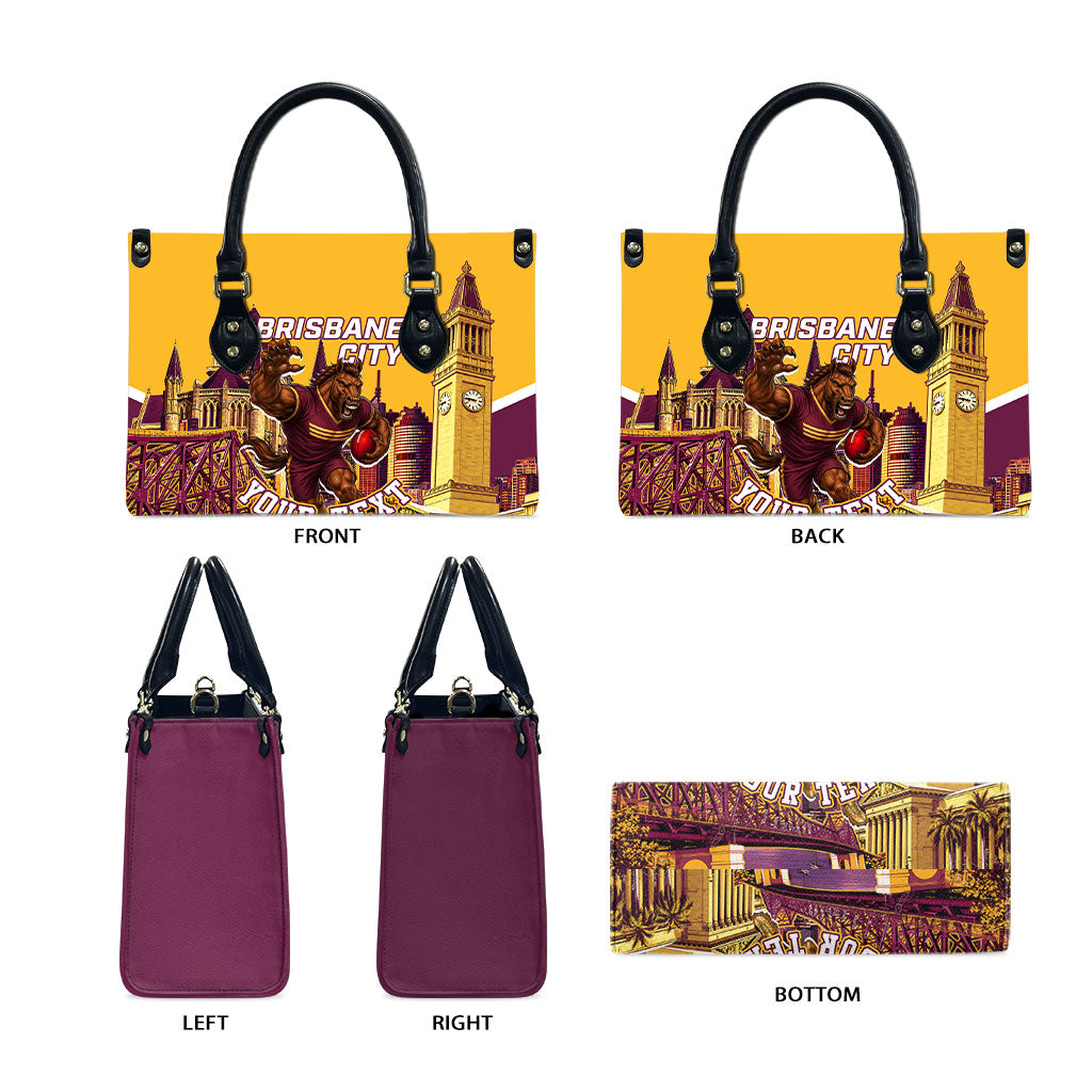 Personalised Brisbane City Rugby Leather Bag Muscular Horse Mascot Skyline Graphic