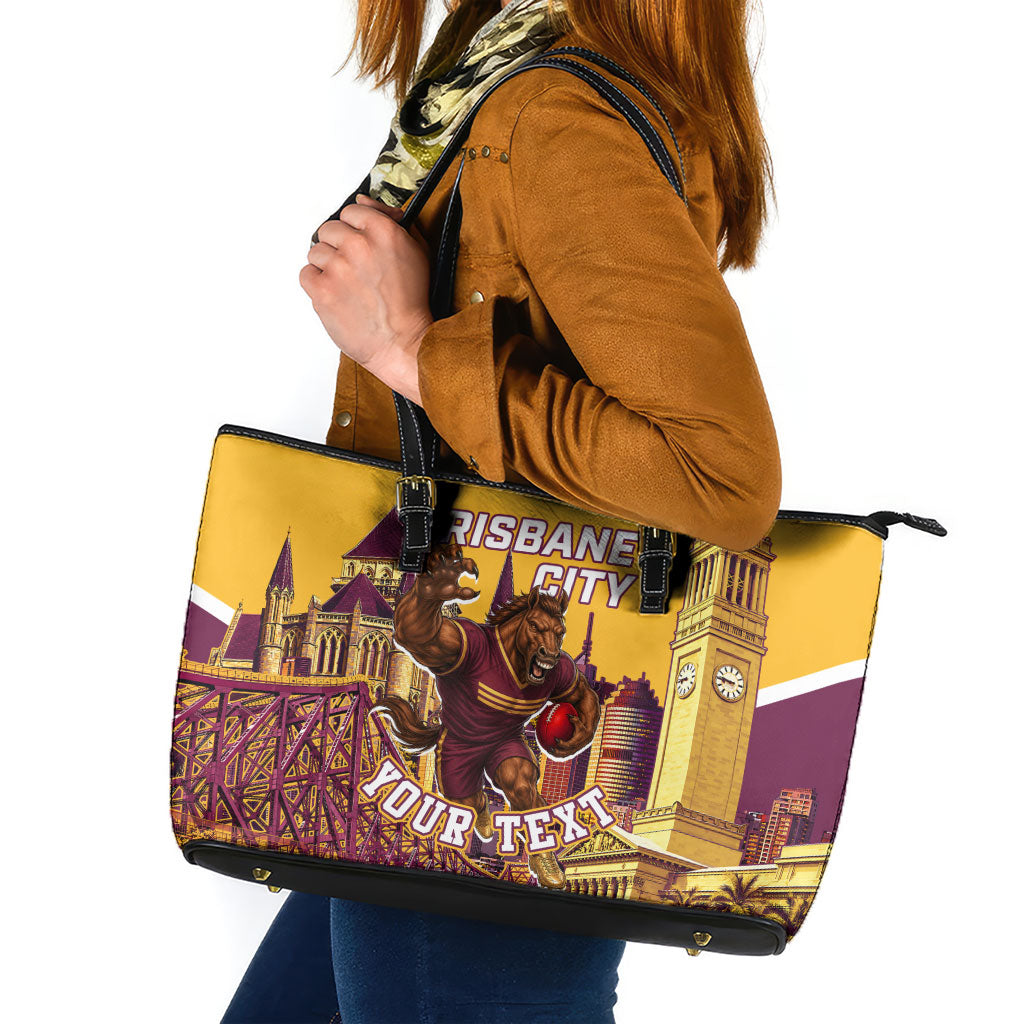 Personalised Brisbane City Rugby Leather Tote Bag Muscular Horse Mascot Skyline Graphic