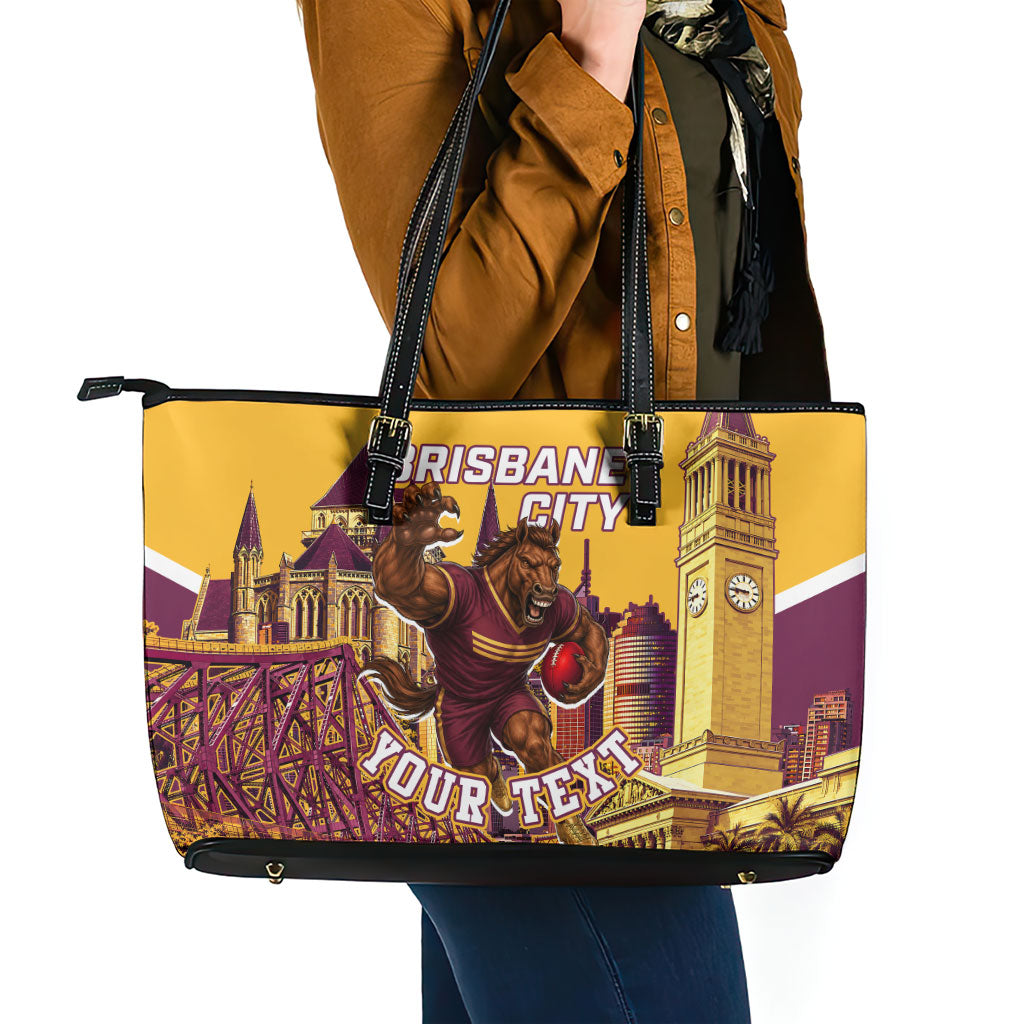 Personalised Brisbane City Rugby Leather Tote Bag Muscular Horse Mascot Skyline Graphic