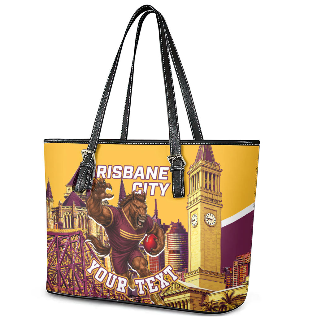 Personalised Brisbane City Rugby Leather Tote Bag Muscular Horse Mascot Skyline Graphic