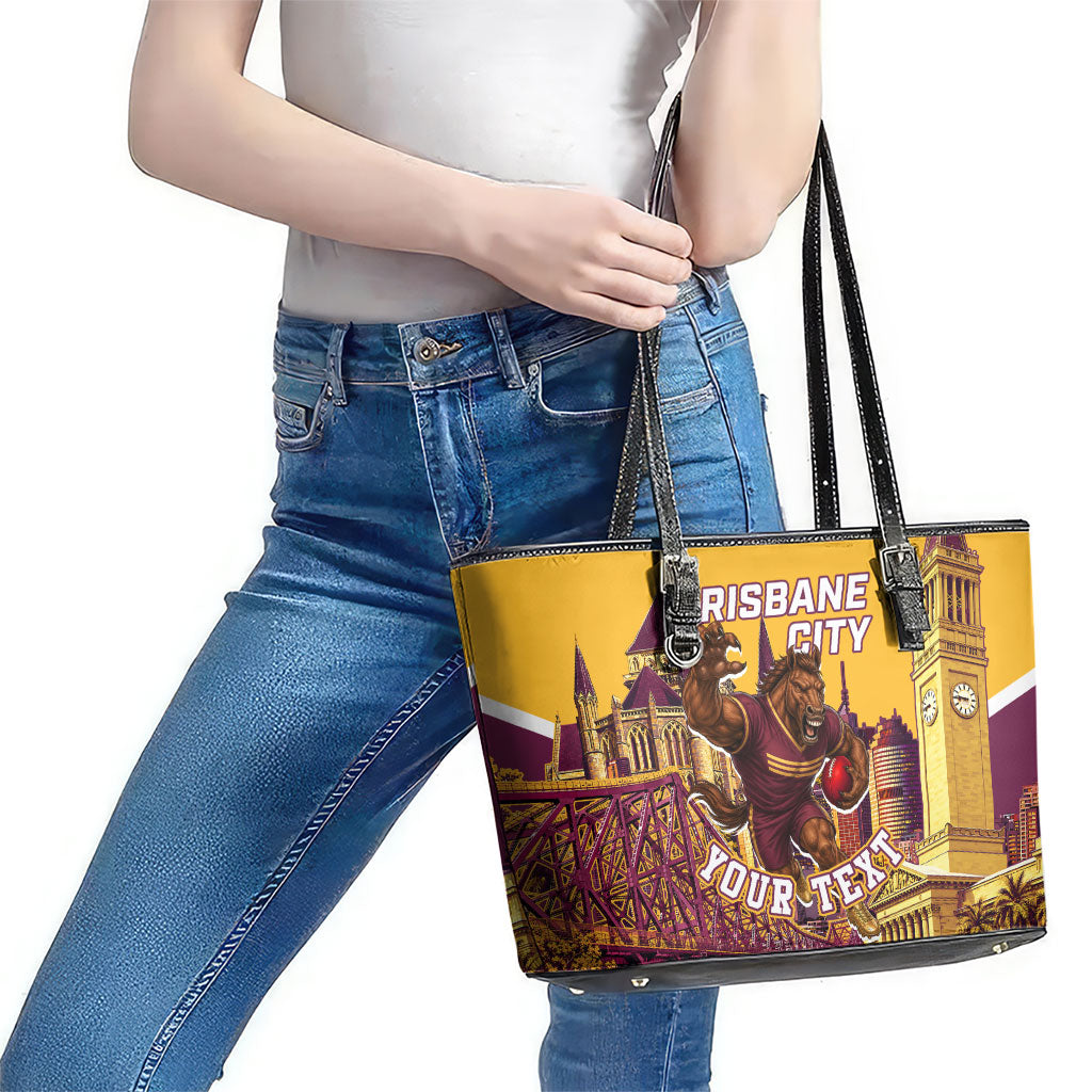 Personalised Brisbane City Rugby Leather Tote Bag Muscular Horse Mascot Skyline Graphic