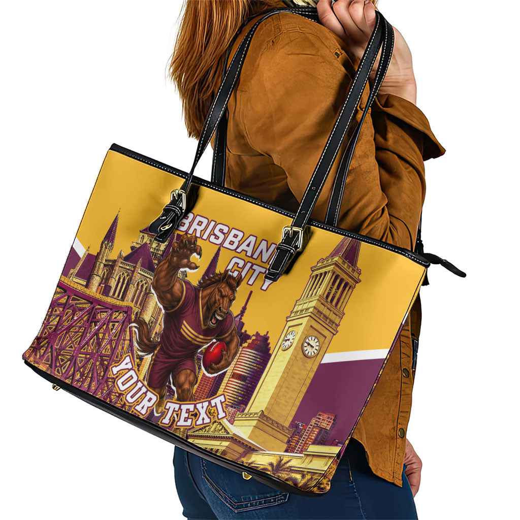 Personalised Brisbane City Rugby Leather Tote Bag Muscular Horse Mascot Skyline Graphic