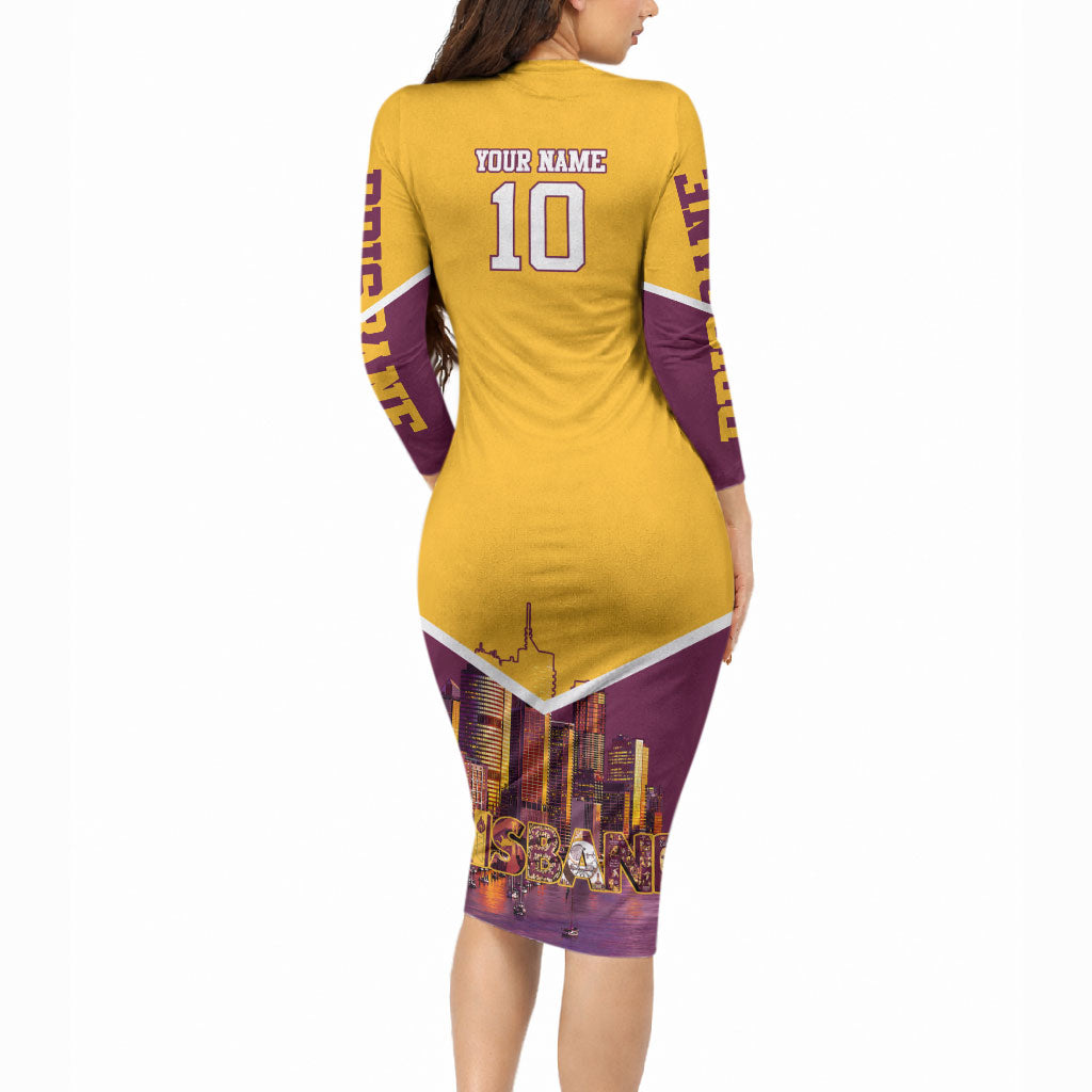 Personalised Brisbane City Rugby Long Sleeve Bodycon Dress Muscular Horse Mascot Skyline Graphic