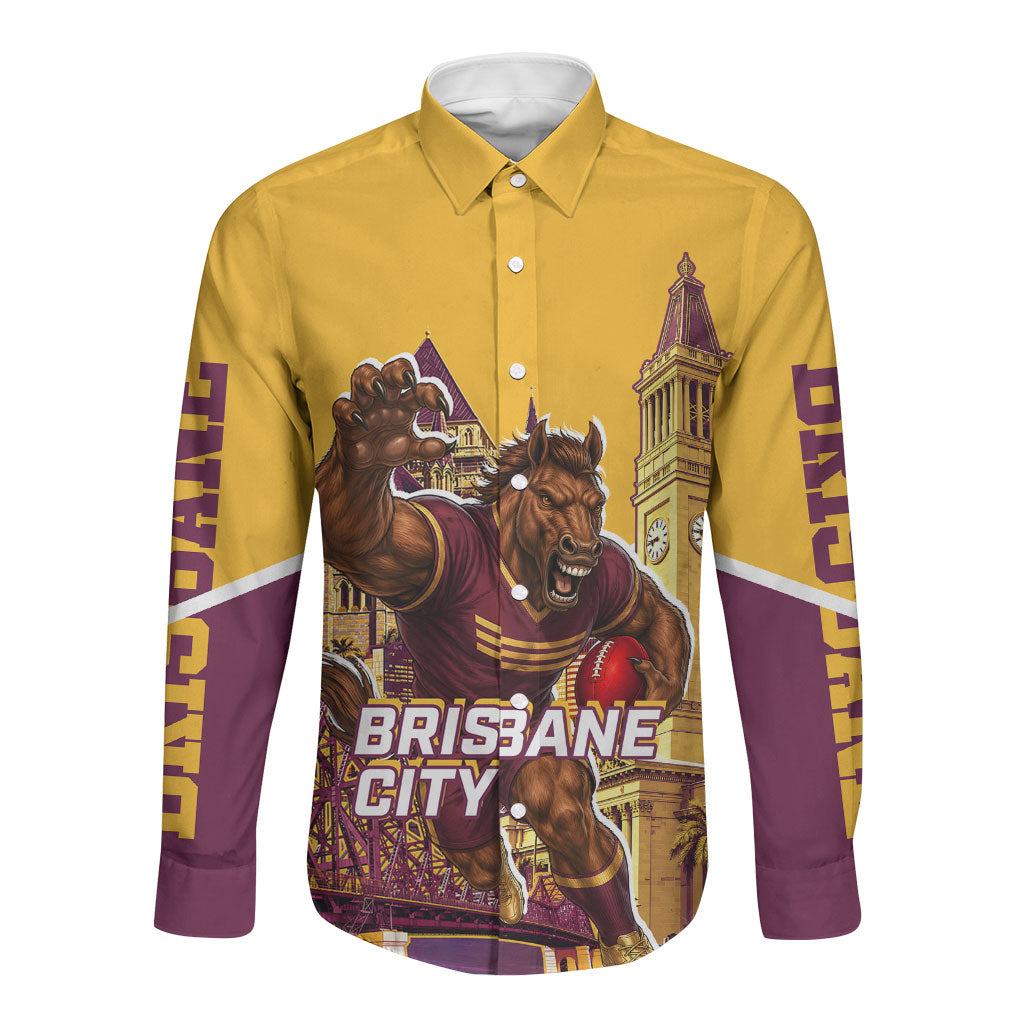 Personalised Brisbane City Rugby Long Sleeve Button Shirt Muscular Horse Mascot Skyline Graphic
