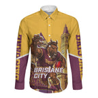 Personalised Brisbane City Rugby Long Sleeve Button Shirt Muscular Horse Mascot Skyline Graphic