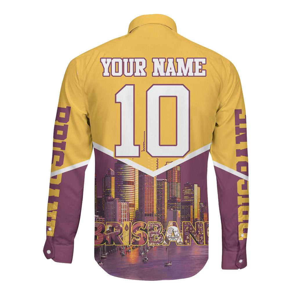 Personalised Brisbane City Rugby Long Sleeve Button Shirt Muscular Horse Mascot Skyline Graphic
