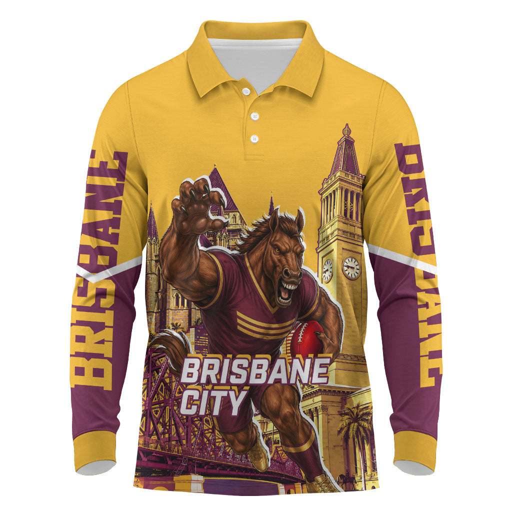 Personalised Brisbane City Rugby Long Sleeve Polo Shirt Muscular Horse Mascot Skyline Graphic