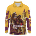 Personalised Brisbane City Rugby Long Sleeve Polo Shirt Muscular Horse Mascot Skyline Graphic
