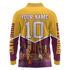 Personalised Brisbane City Rugby Long Sleeve Polo Shirt Muscular Horse Mascot Skyline Graphic