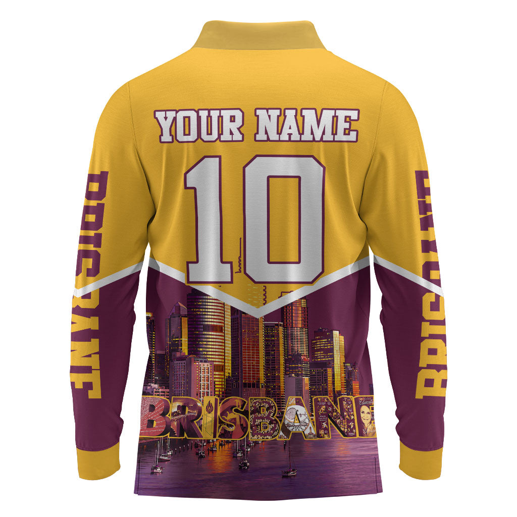 Personalised Brisbane City Rugby Long Sleeve Polo Shirt Muscular Horse Mascot Skyline Graphic