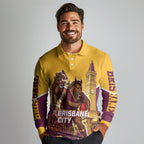 Personalised Brisbane City Rugby Long Sleeve Polo Shirt Muscular Horse Mascot Skyline Graphic