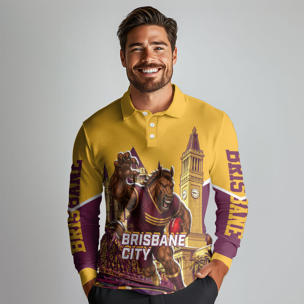 Personalised Brisbane City Rugby Long Sleeve Polo Shirt Muscular Horse Mascot Skyline Graphic
