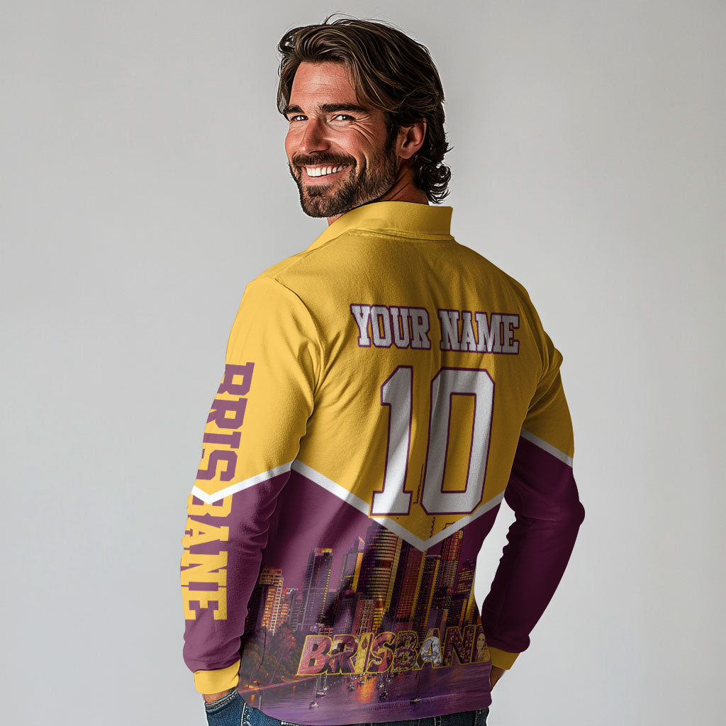 Personalised Brisbane City Rugby Long Sleeve Polo Shirt Muscular Horse Mascot Skyline Graphic