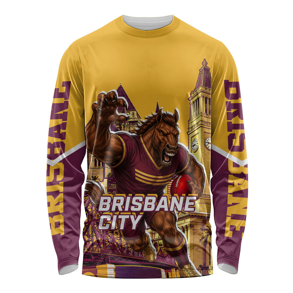 Personalised Brisbane City Rugby Long Sleeve Shirt Muscular Horse Mascot Skyline Graphic