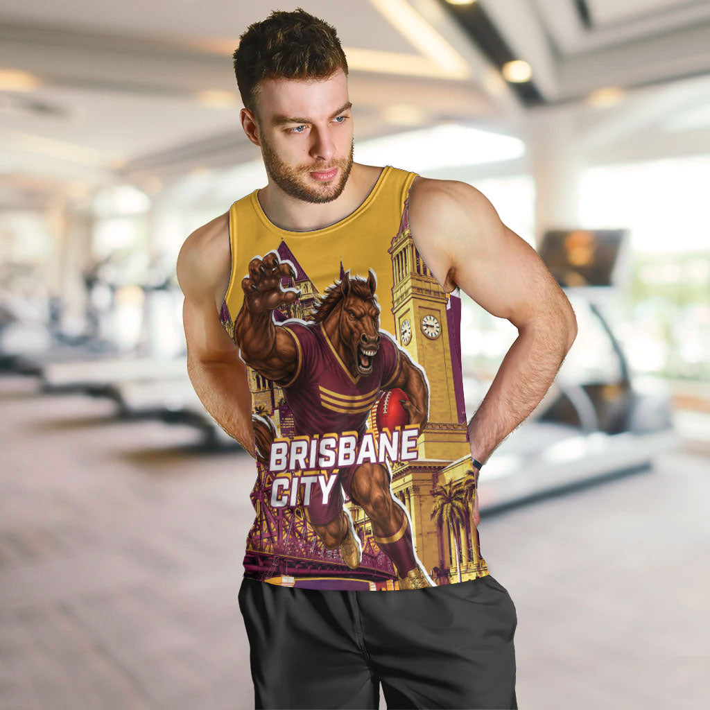 Personalised Brisbane City Rugby Men Tank Top Muscular Horse Mascot Skyline Graphic