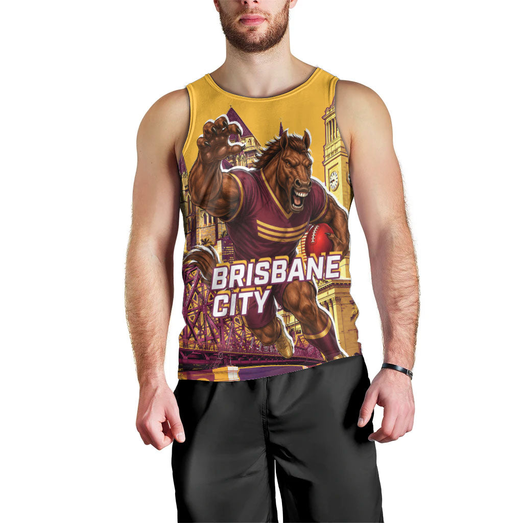 Personalised Brisbane City Rugby Men Tank Top Muscular Horse Mascot Skyline Graphic