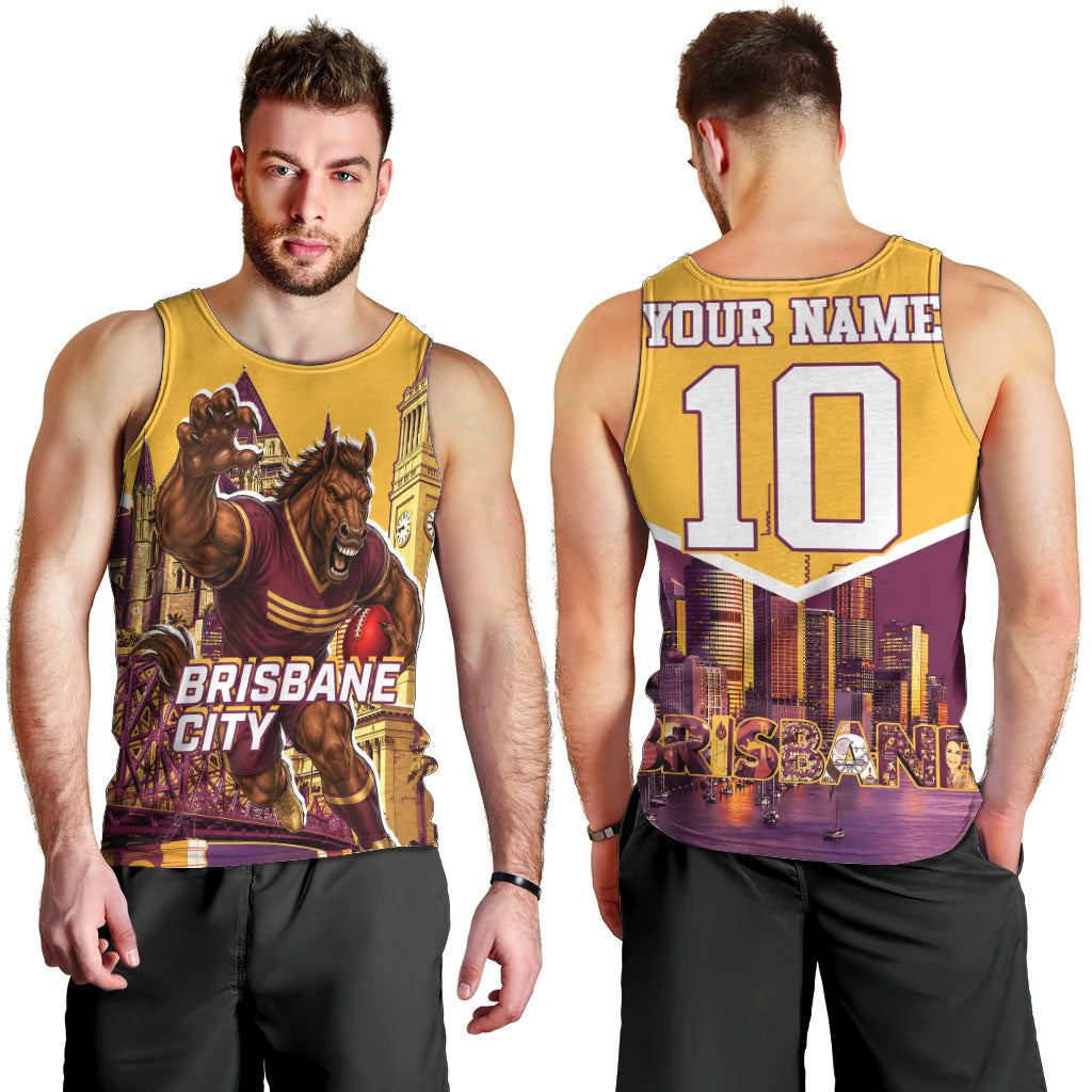 Personalised Brisbane City Rugby Men Tank Top Muscular Horse Mascot Skyline Graphic