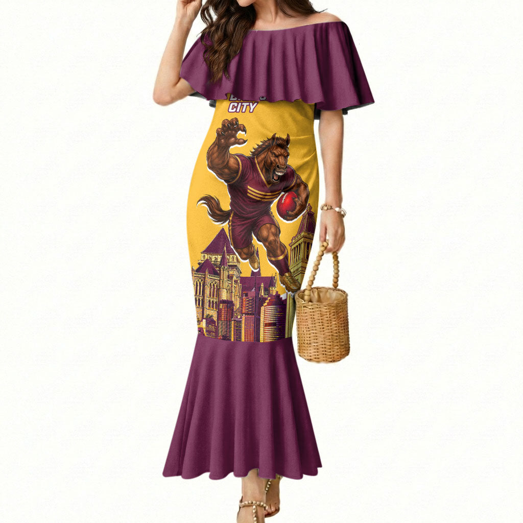 Personalised Brisbane City Rugby Mermaid Dress Muscular Horse Mascot Skyline Graphic