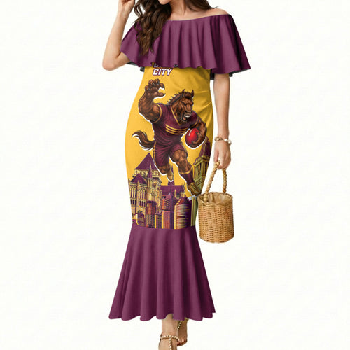 Personalised Brisbane City Rugby Mermaid Dress Muscular Horse Mascot Skyline Graphic
