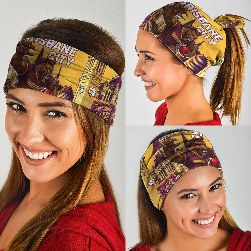 Personalised Brisbane City Rugby Neck Gaiter Muscular Horse Mascot Skyline Graphic