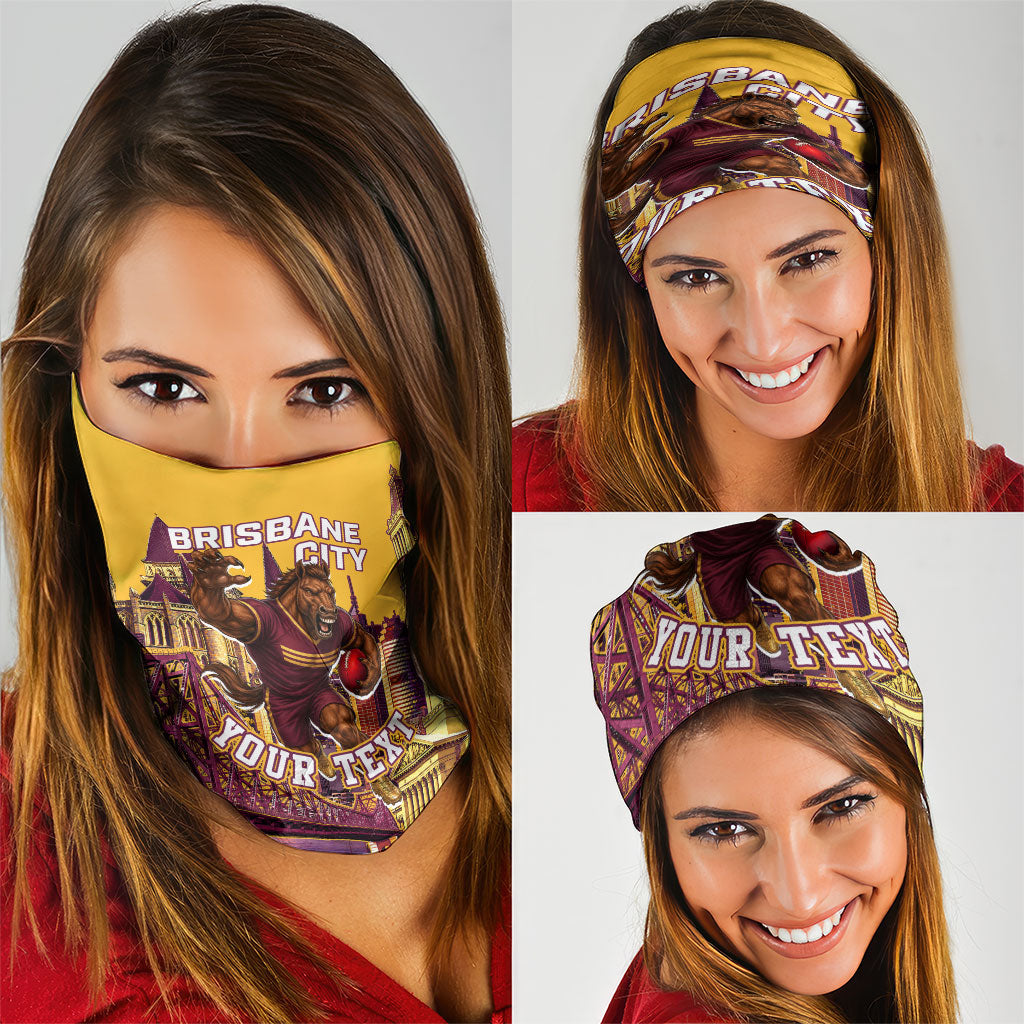 Personalised Brisbane City Rugby Neck Gaiter Muscular Horse Mascot Skyline Graphic