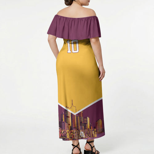 Personalised Brisbane City Rugby Off Shoulder Maxi Dress Muscular Horse Mascot Skyline Graphic