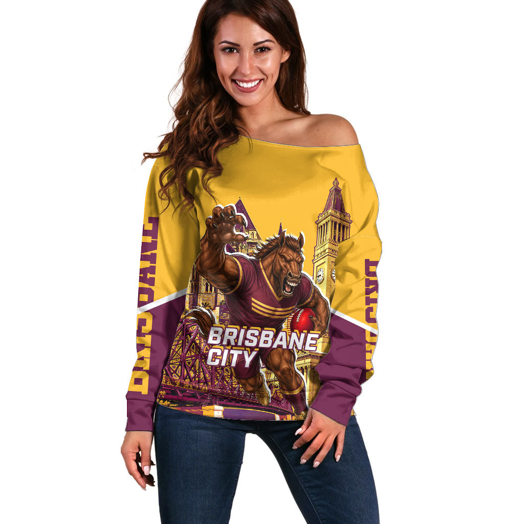Personalised Brisbane City Rugby Off Shoulder Sweater Muscular Horse Mascot Skyline Graphic