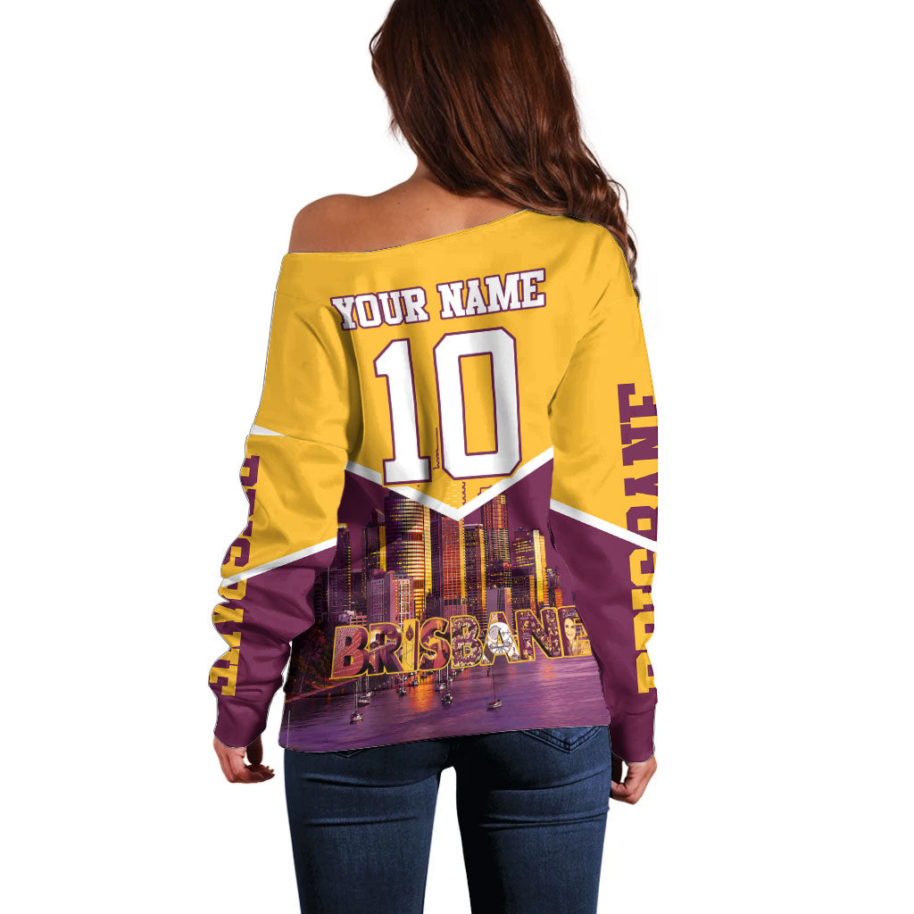 Personalised Brisbane City Rugby Off Shoulder Sweater Muscular Horse Mascot Skyline Graphic