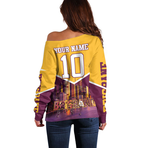 Personalised Brisbane City Rugby Off Shoulder Sweater Muscular Horse Mascot Skyline Graphic