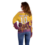Personalised Brisbane City Rugby Off Shoulder Sweater Muscular Horse Mascot Skyline Graphic