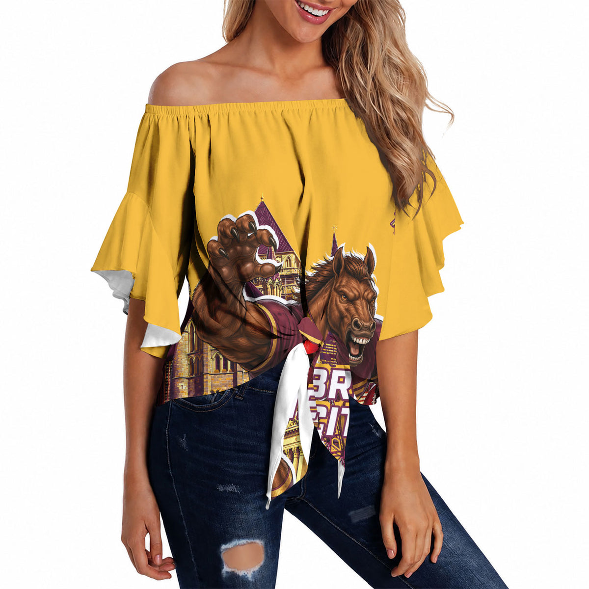 Personalised Brisbane City Rugby Off Shoulder Wrap Waist Top Muscular Horse Mascot Skyline Graphic