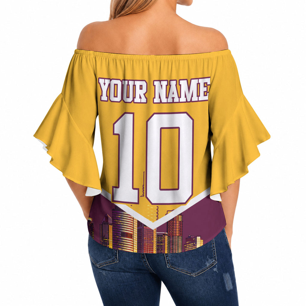 Personalised Brisbane City Rugby Off Shoulder Wrap Waist Top Muscular Horse Mascot Skyline Graphic