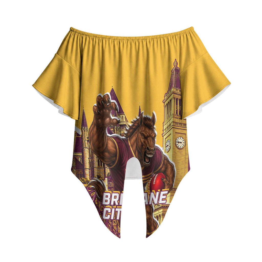 Personalised Brisbane City Rugby Off Shoulder Wrap Waist Top Muscular Horse Mascot Skyline Graphic