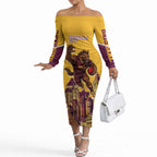 Personalised Brisbane City Rugby Off The Shoulder Long Sleeve Dress Muscular Horse Mascot Skyline Graphic