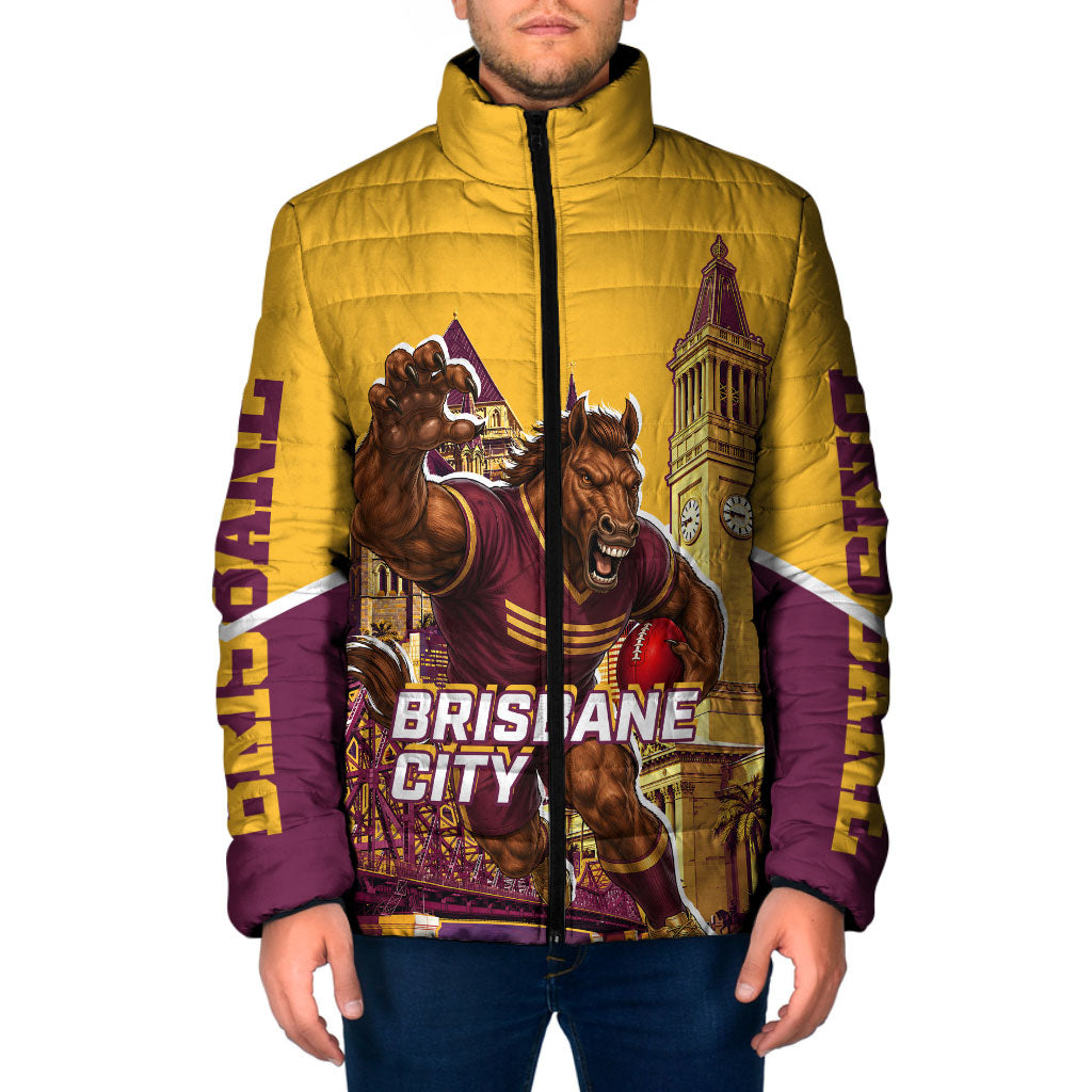 Personalised Brisbane City Rugby Padded Jacket Muscular Horse Mascot Skyline Graphic