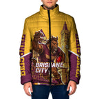 Personalised Brisbane City Rugby Padded Jacket Muscular Horse Mascot Skyline Graphic