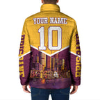 Personalised Brisbane City Rugby Padded Jacket Muscular Horse Mascot Skyline Graphic