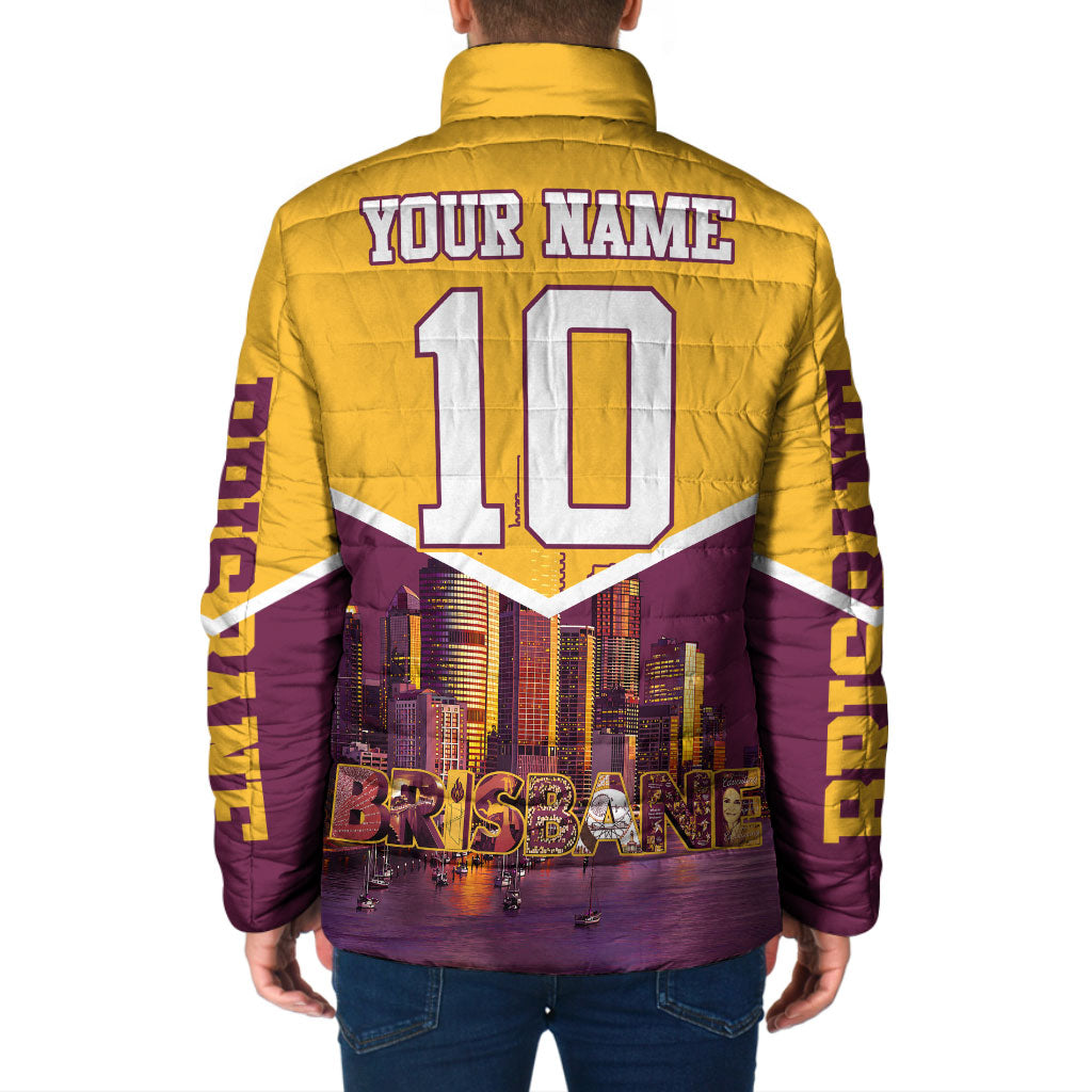 Personalised Brisbane City Rugby Padded Jacket Muscular Horse Mascot Skyline Graphic
