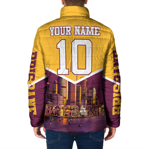 Personalised Brisbane City Rugby Padded Jacket Muscular Horse Mascot Skyline Graphic