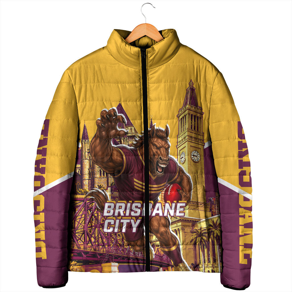 Personalised Brisbane City Rugby Padded Jacket Muscular Horse Mascot Skyline Graphic