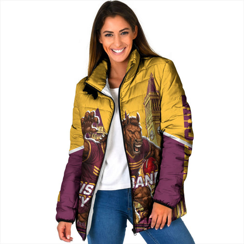 Personalised Brisbane City Rugby Padded Jacket Muscular Horse Mascot Skyline Graphic
