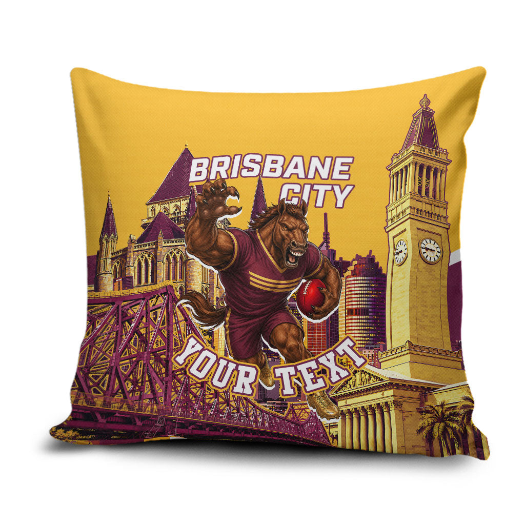 Personalised Brisbane City Rugby Pillow Cover Muscular Horse Mascot Skyline Graphic