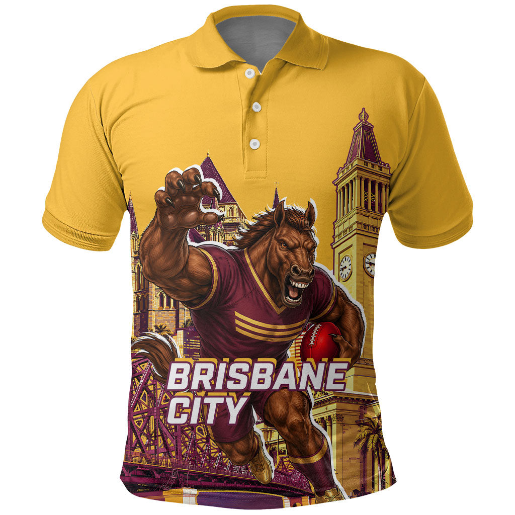 Personalised Brisbane City Rugby Polo Shirt Muscular Horse Mascot Skyline Graphic
